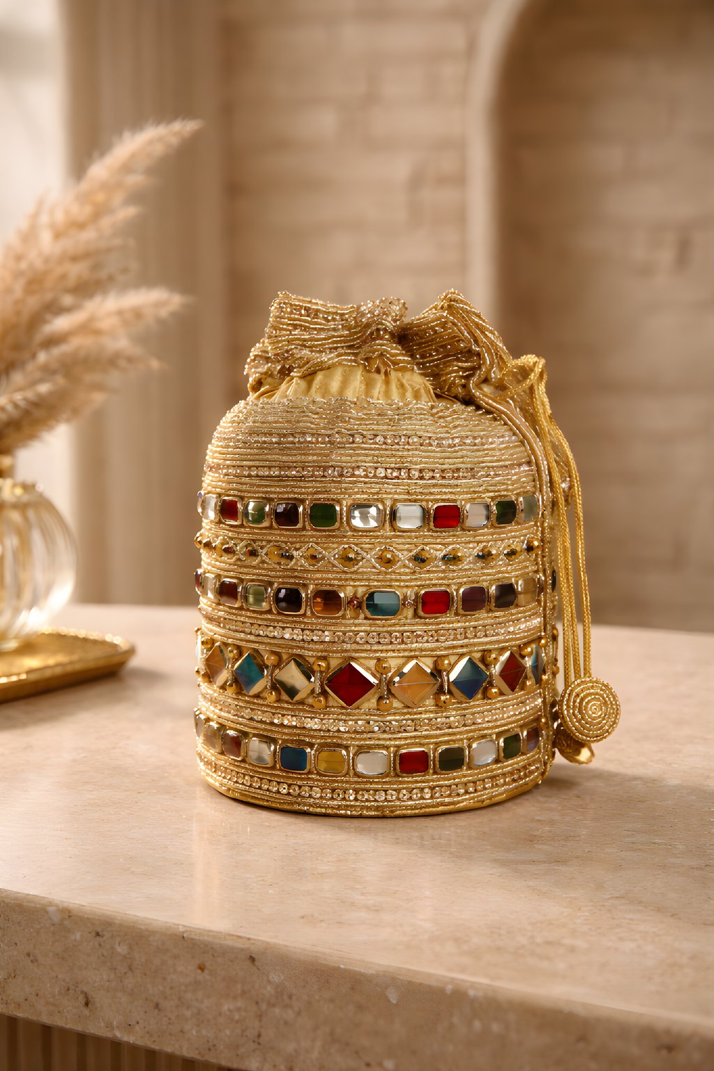 Ethnic Gold Potli Bag | Luxurious Wedding & Festive Drawstring Clutch