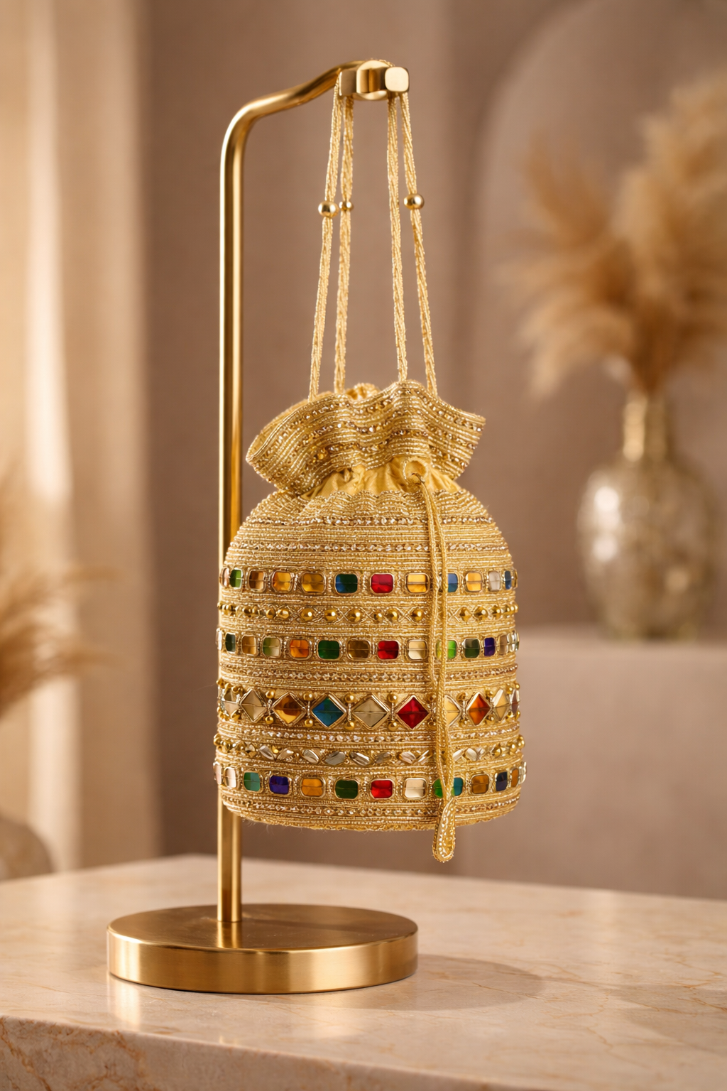 Ethnic Gold Potli Bag | Luxurious Wedding & Festive Drawstring Clutch
