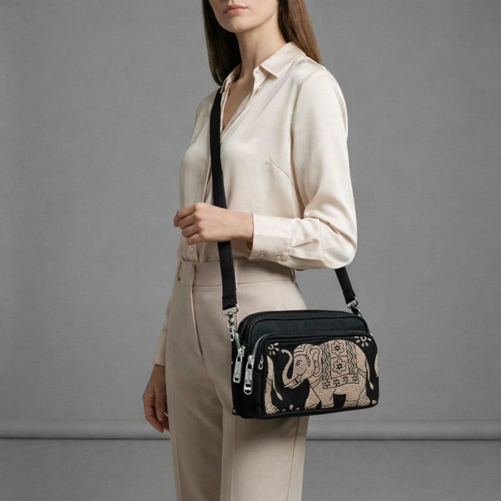 Elegant Crossbody Bag with Handcrafted Elephant Motif | Premium Black Sling