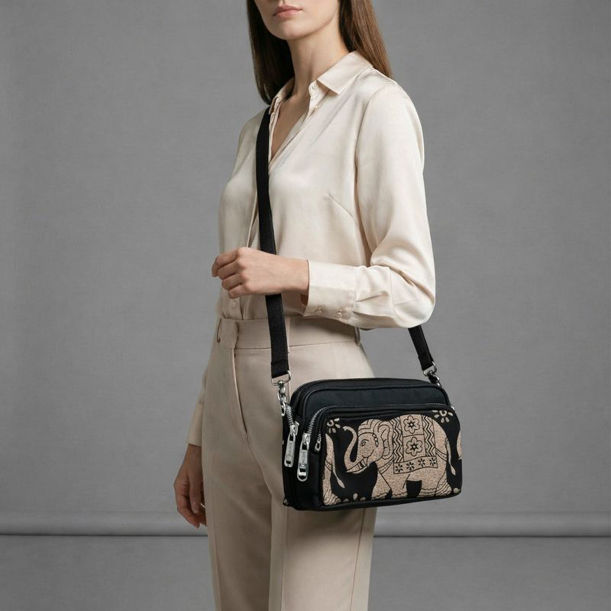 Elegant Crossbody Bag with Handcrafted Elephant Motif | Premium Black Sling