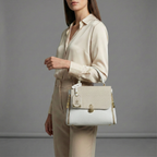 Ivory Textured Top-Handle Handbag with Gold Hardware
