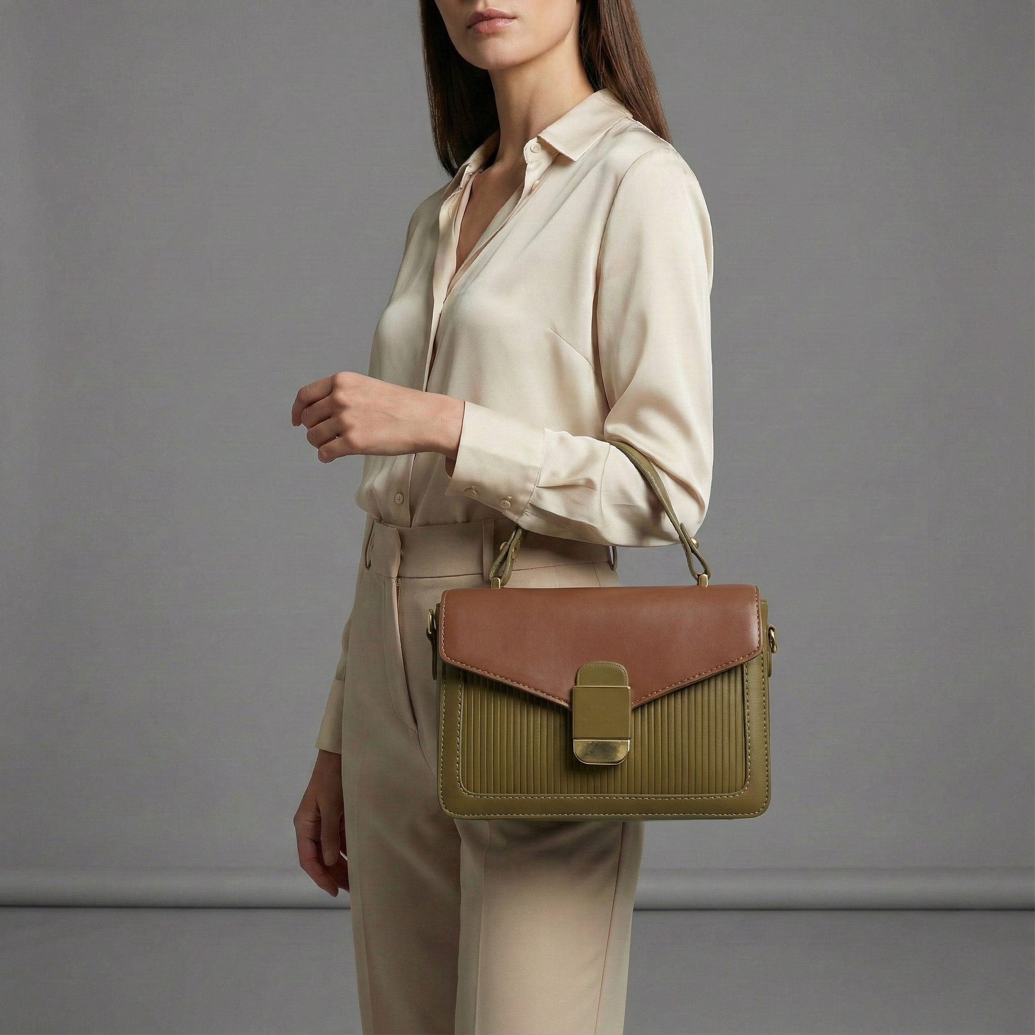 Olive & Brown Structured Top-Handle Sling Bag for Women | Elegant Dual-Tone Handbag