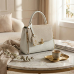 Ivory Textured Top-Handle Handbag with Gold Hardware