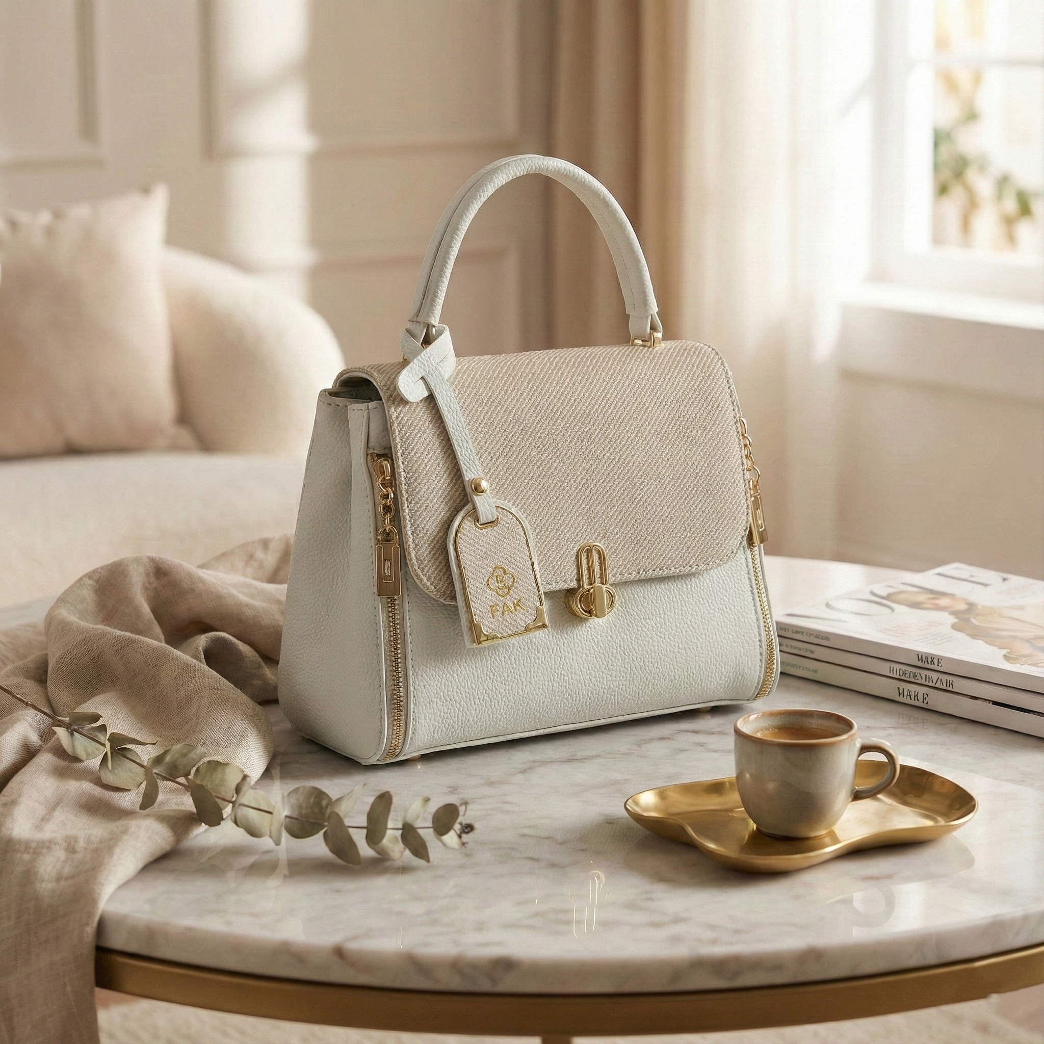 Ivory Textured Top-Handle Handbag with Gold Hardware