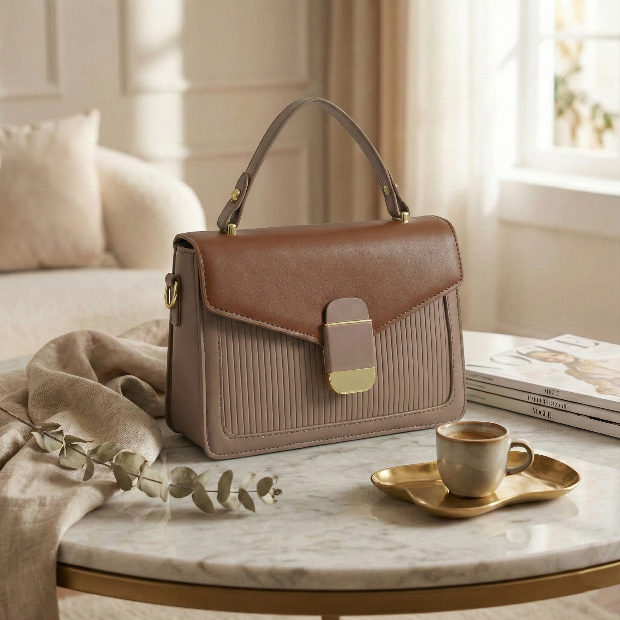 Taupe & Brown Structured Top-Handle Sling Bag for Women | Elegant Everyday Handbag