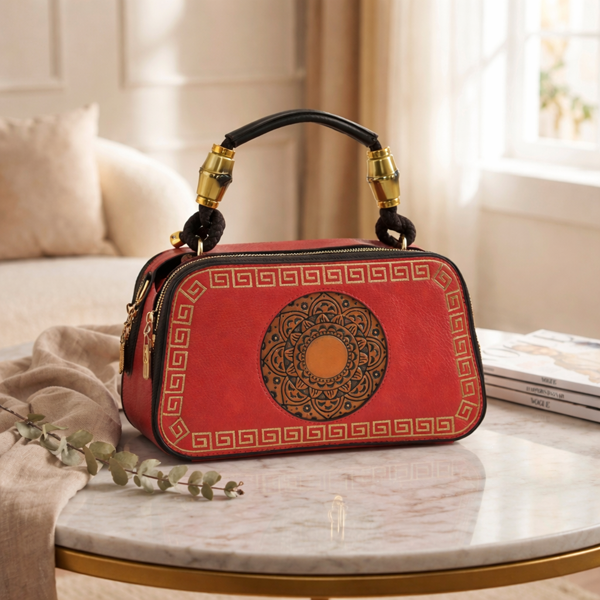 Crimson Red Artisanal Top-Handle Bag with Mandala Design