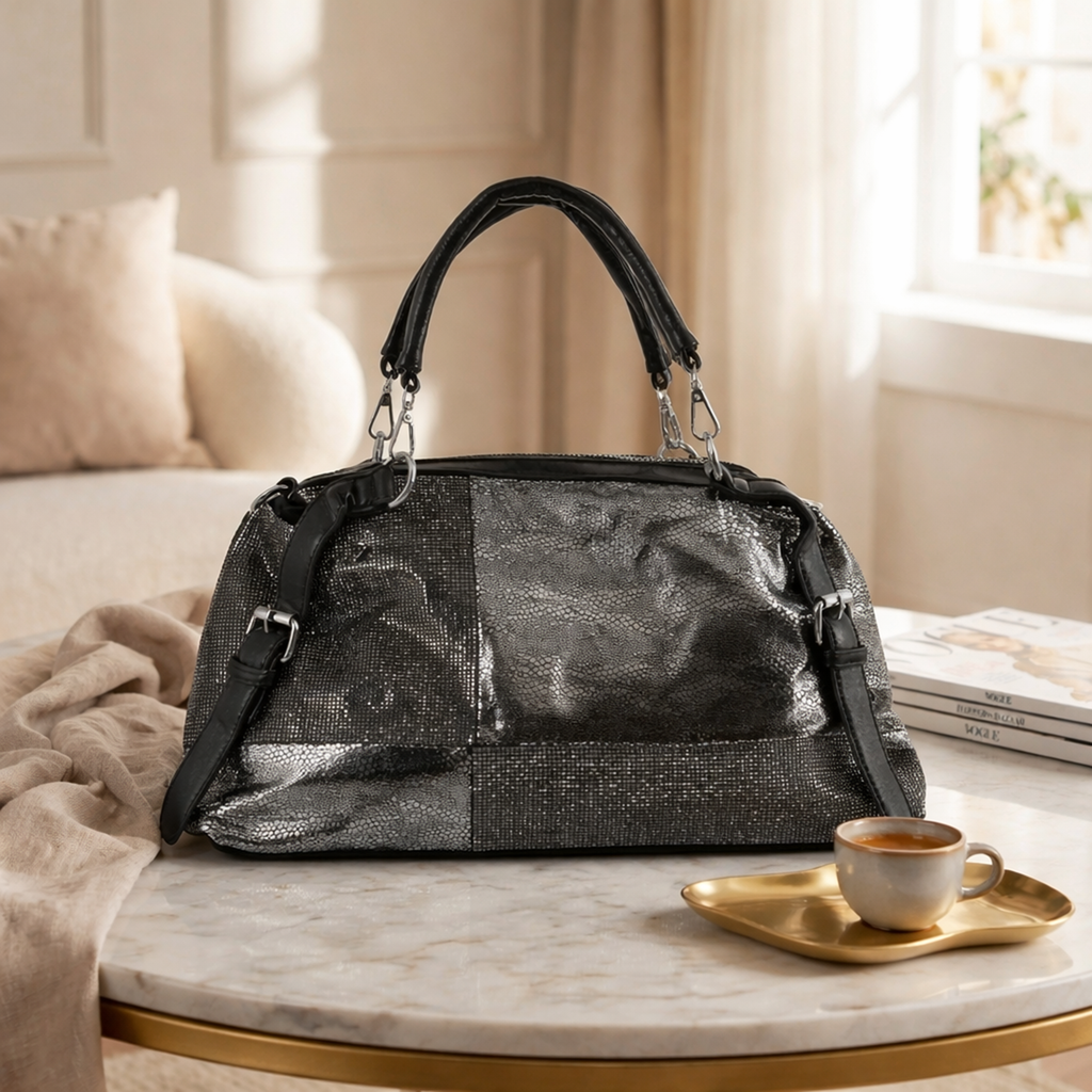 Metallic Black Textured Shoulder Handbag