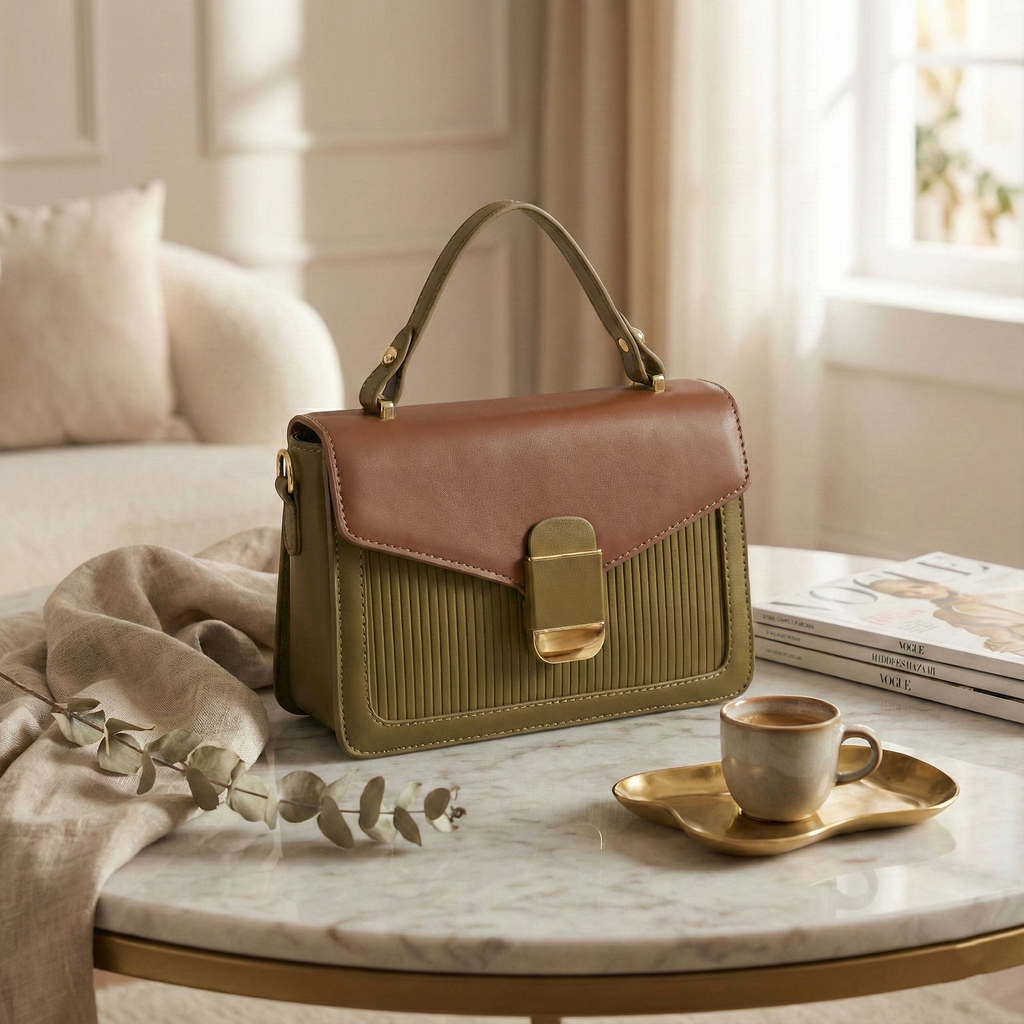 Olive & Brown Structured Top-Handle Sling Bag for Women | Elegant Dual-Tone Handbag