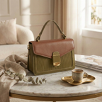 Olive & Brown Structured Top-Handle Sling Bag for Women | Elegant Dual-Tone Handbag