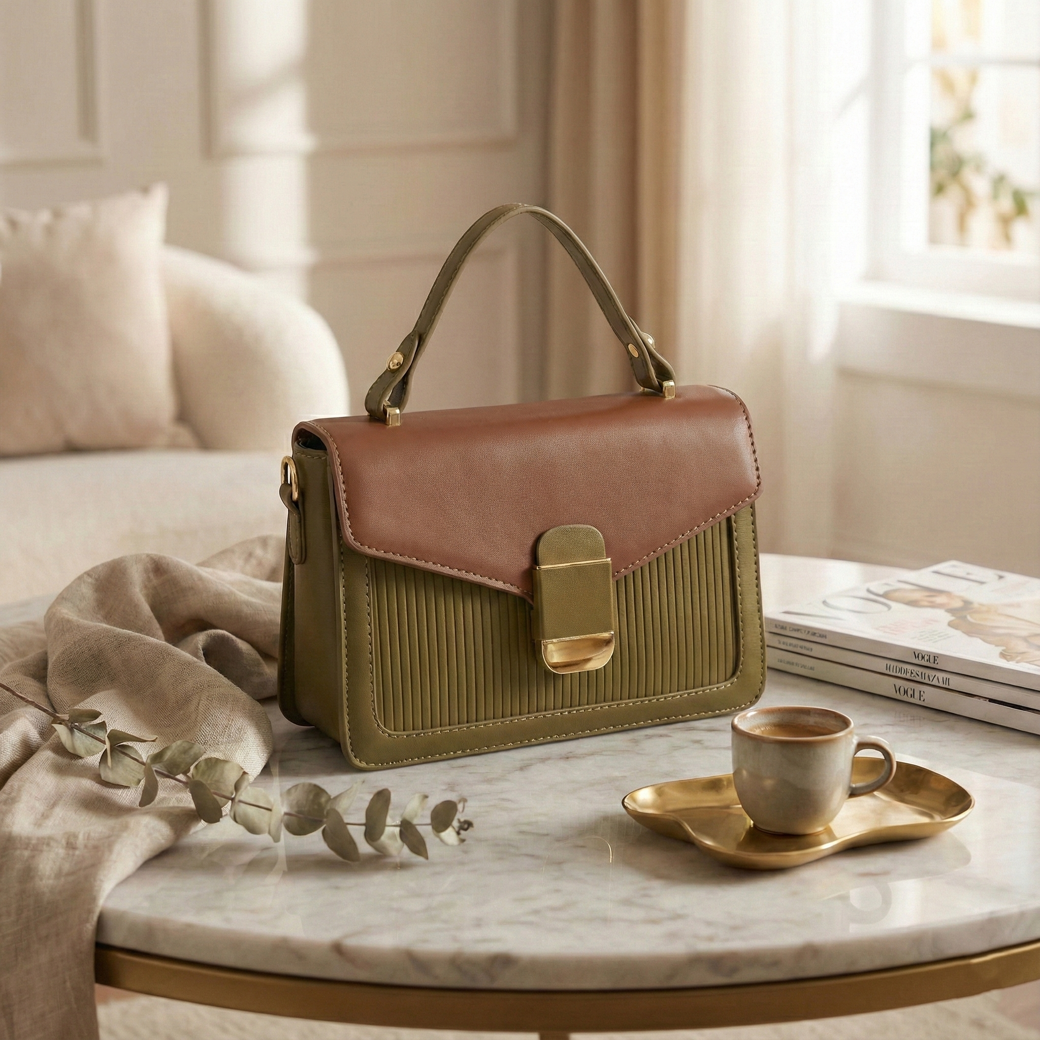 Olive & Brown Structured Top-Handle Sling Bag for Women | Elegant Dual-Tone Handbag