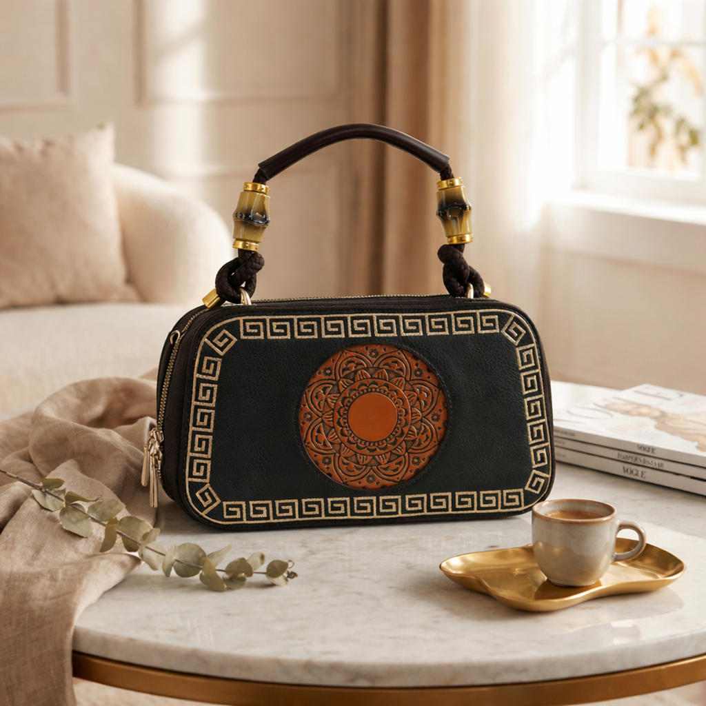 Brown Artisanal Top-Handle Bag with Mandala Detail