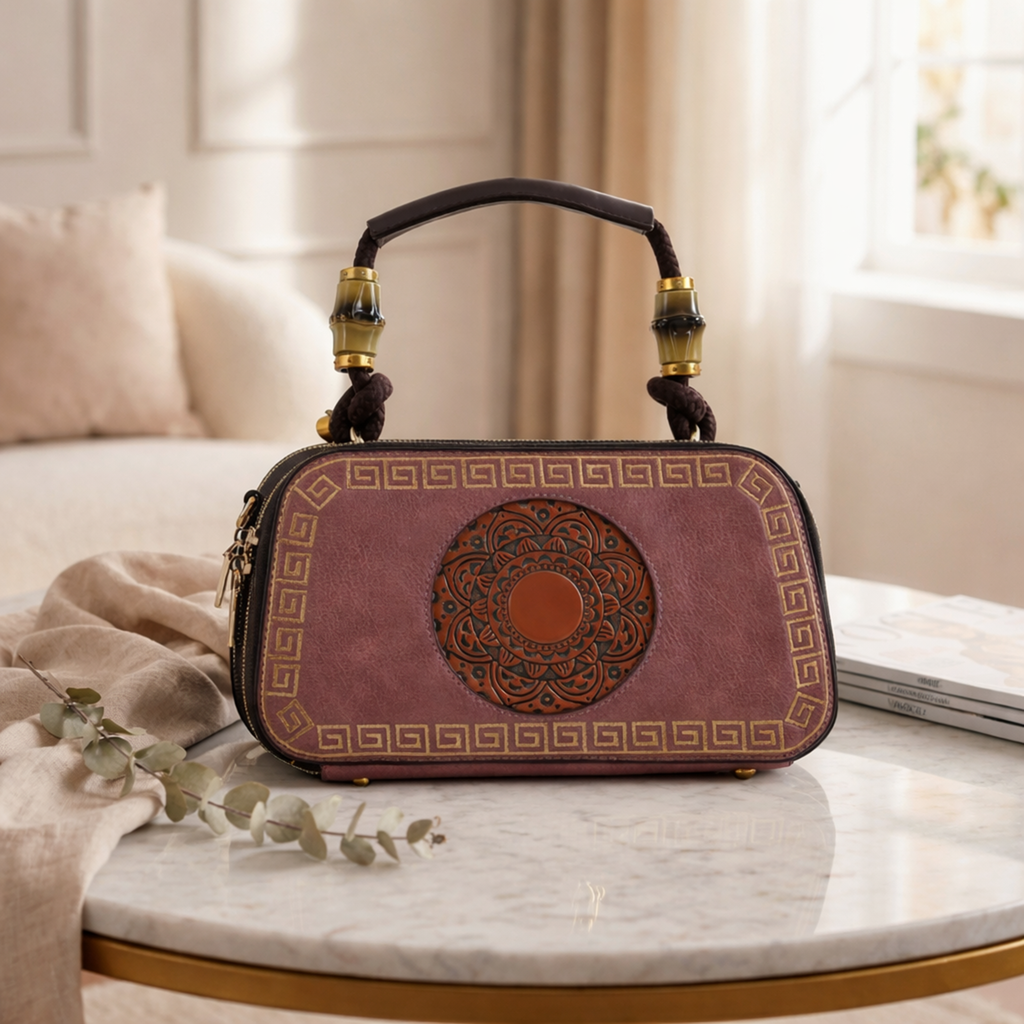 Dusty Rose Artisanal Top-Handle Bag with Mandala Design