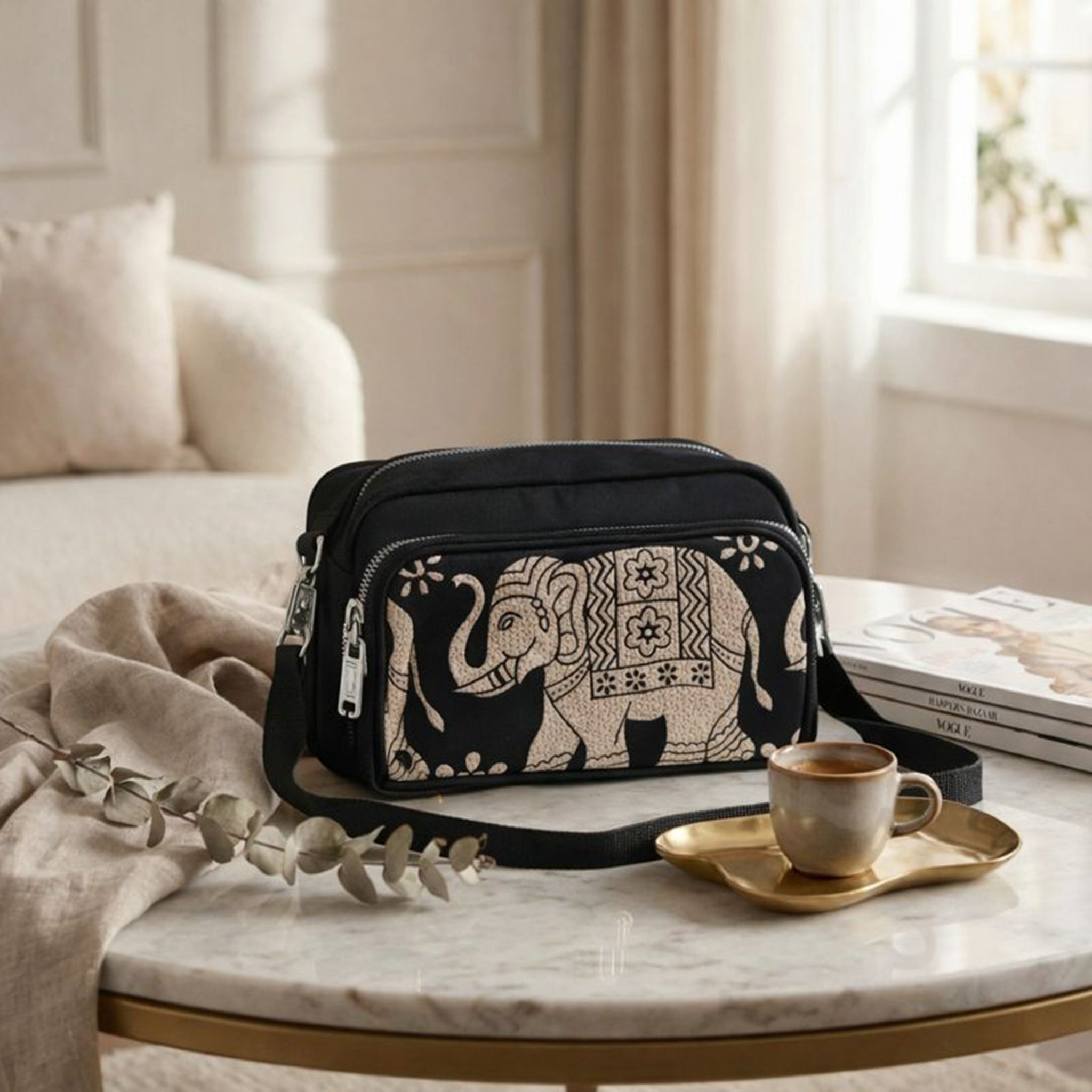 Elegant Crossbody Bag with Handcrafted Elephant Motif | Premium Black Sling