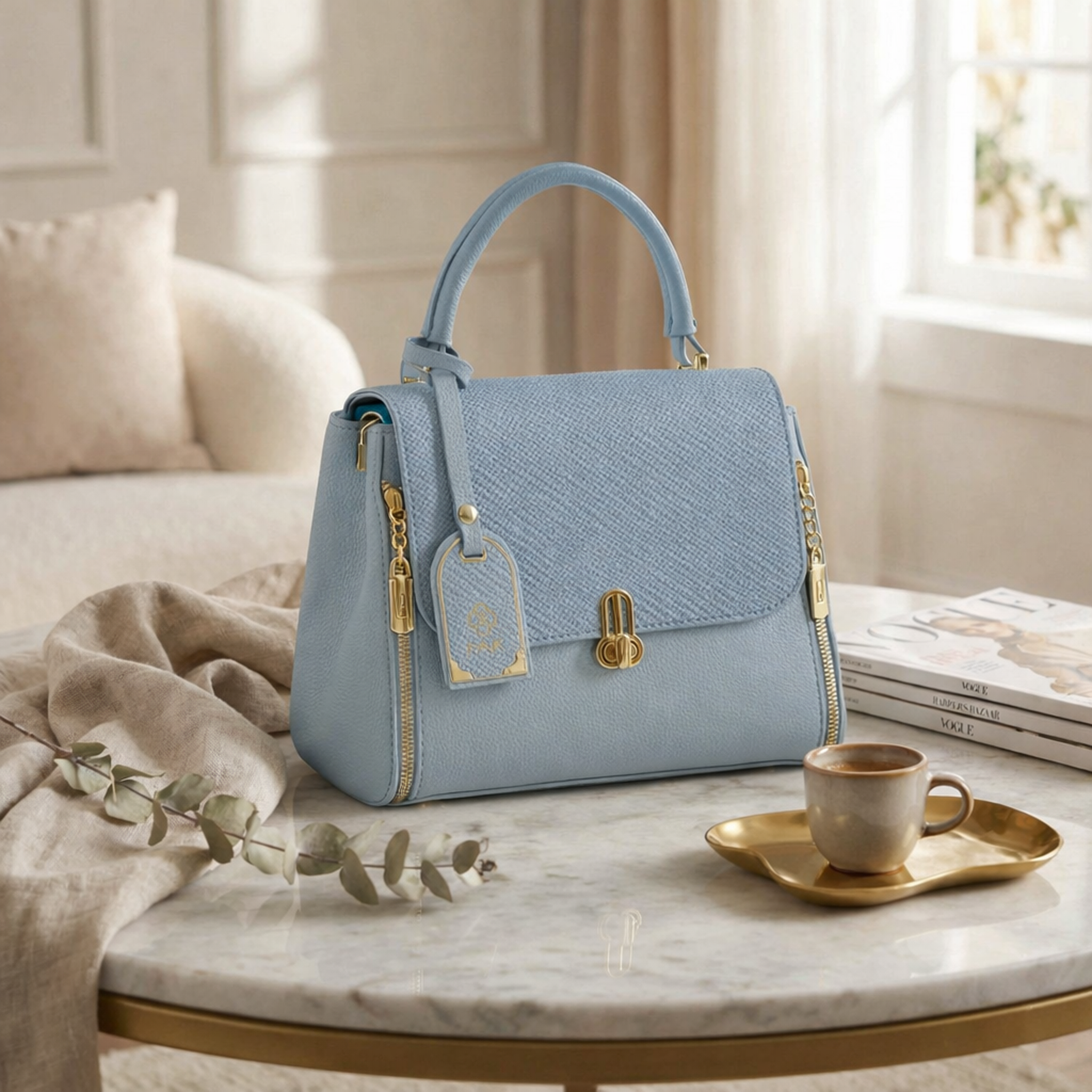 Sky Blue Structured Top-Handle Bag for Women | Elegant Everyday Handbag