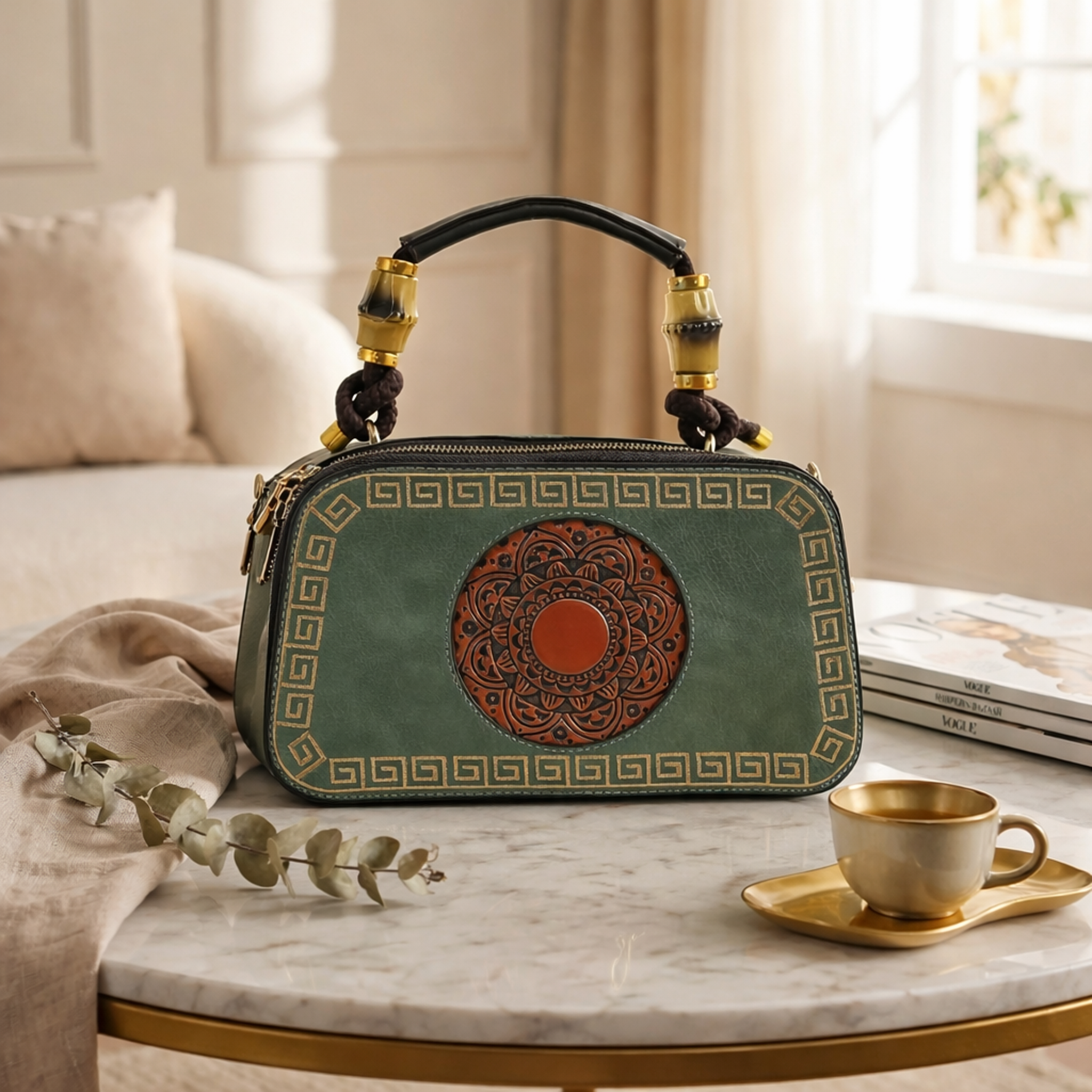 Emerald Green Artisanal Top-Handle Bag with Mandala Design