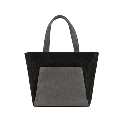 Two-tone tote bag in dark fabric with slate gray front panel and top handles.