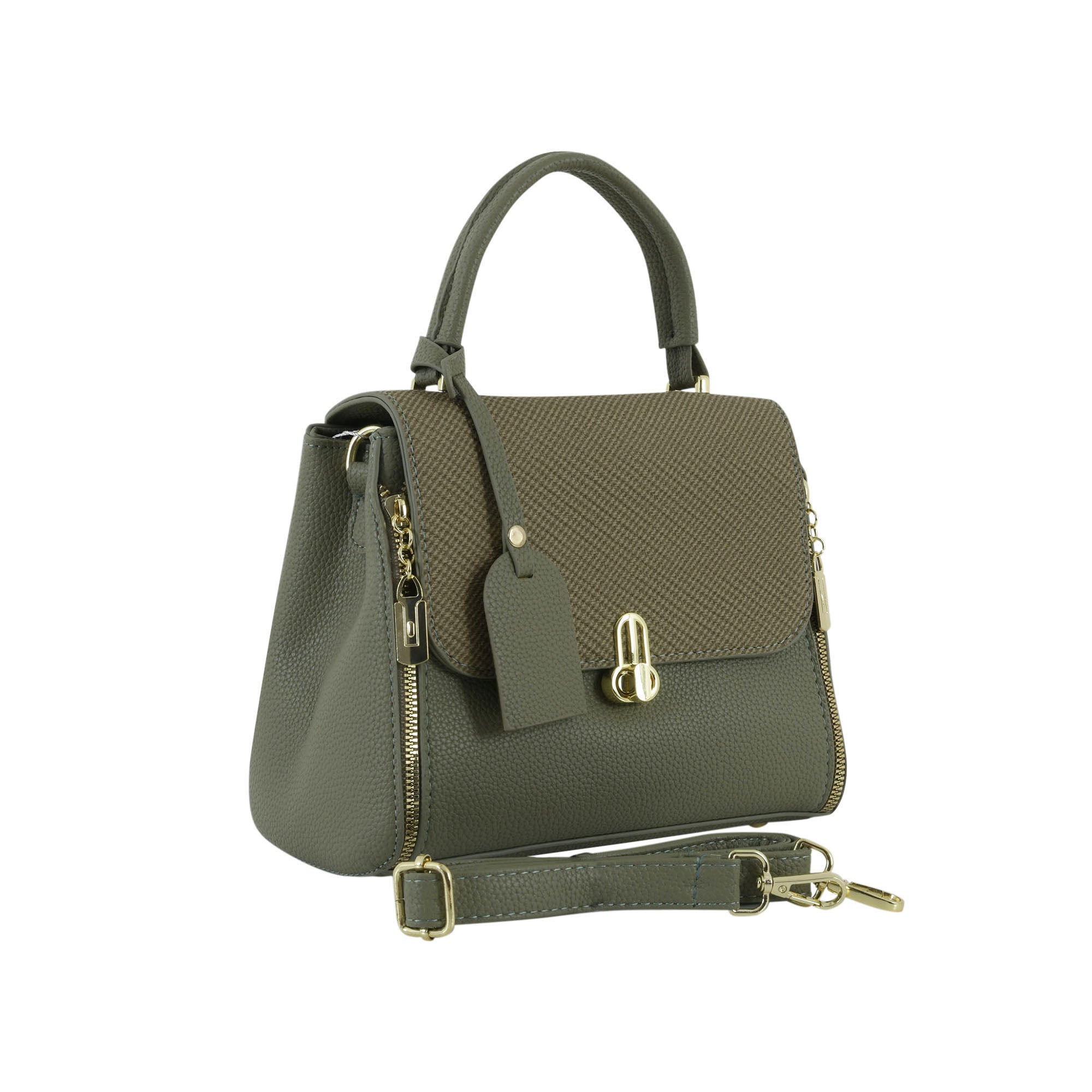 Olive Green Structured Top-Handle Handbag with Gold Hardware