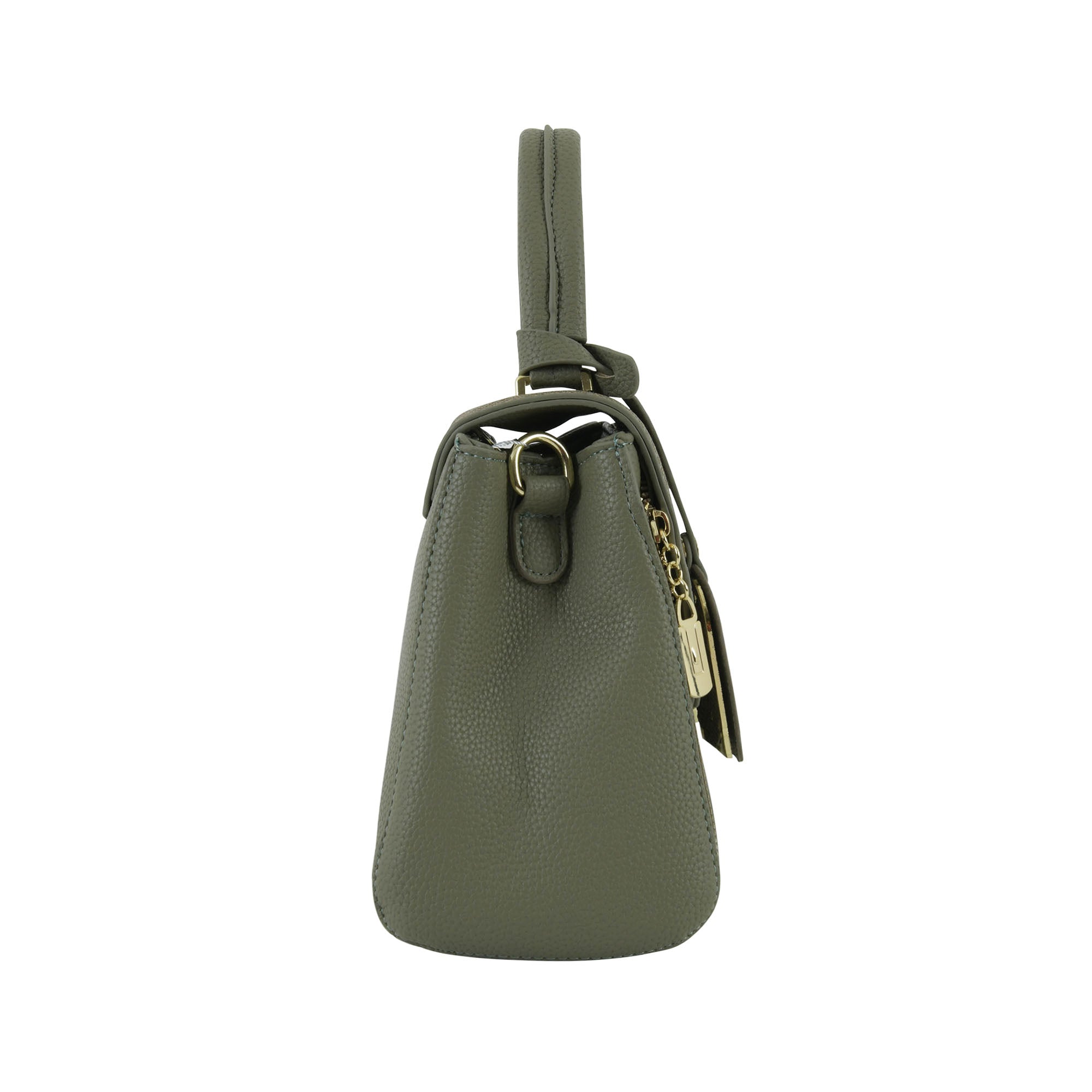 Olive Green Structured Top-Handle Handbag with Gold Hardware