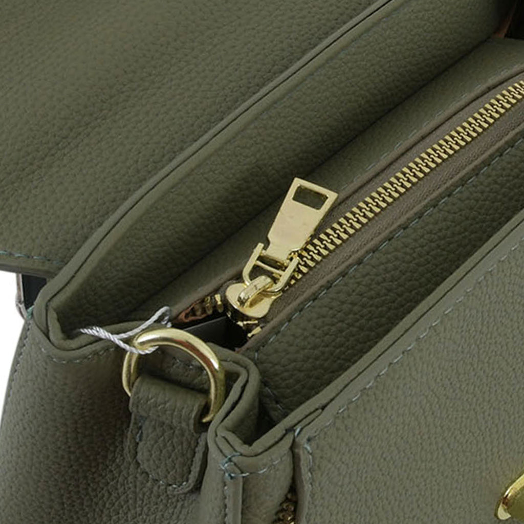 Olive Green Structured Top-Handle Handbag with Gold Hardware