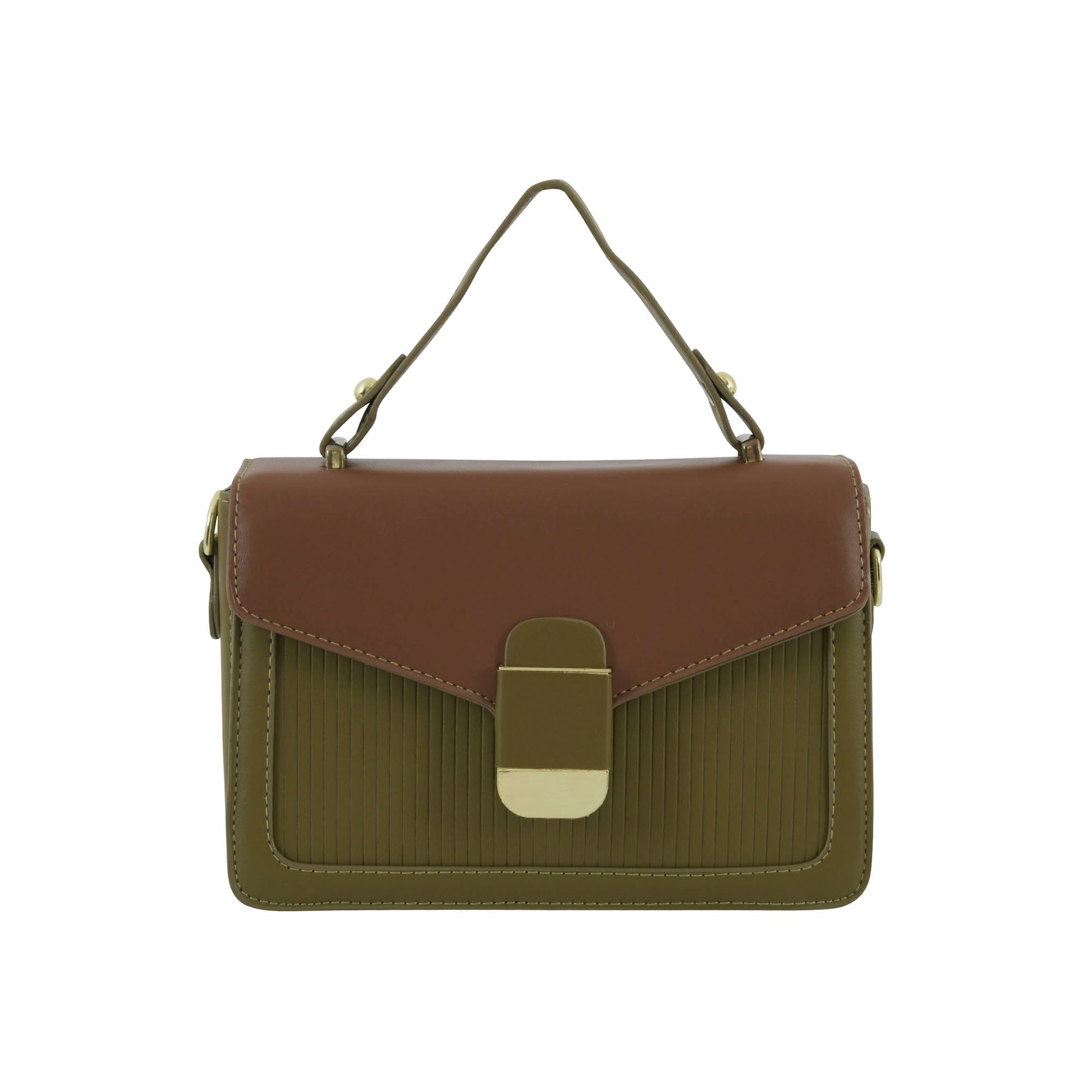 Olive & Brown Structured Top-Handle Sling Bag for Women | Elegant Dual-Tone Handbag