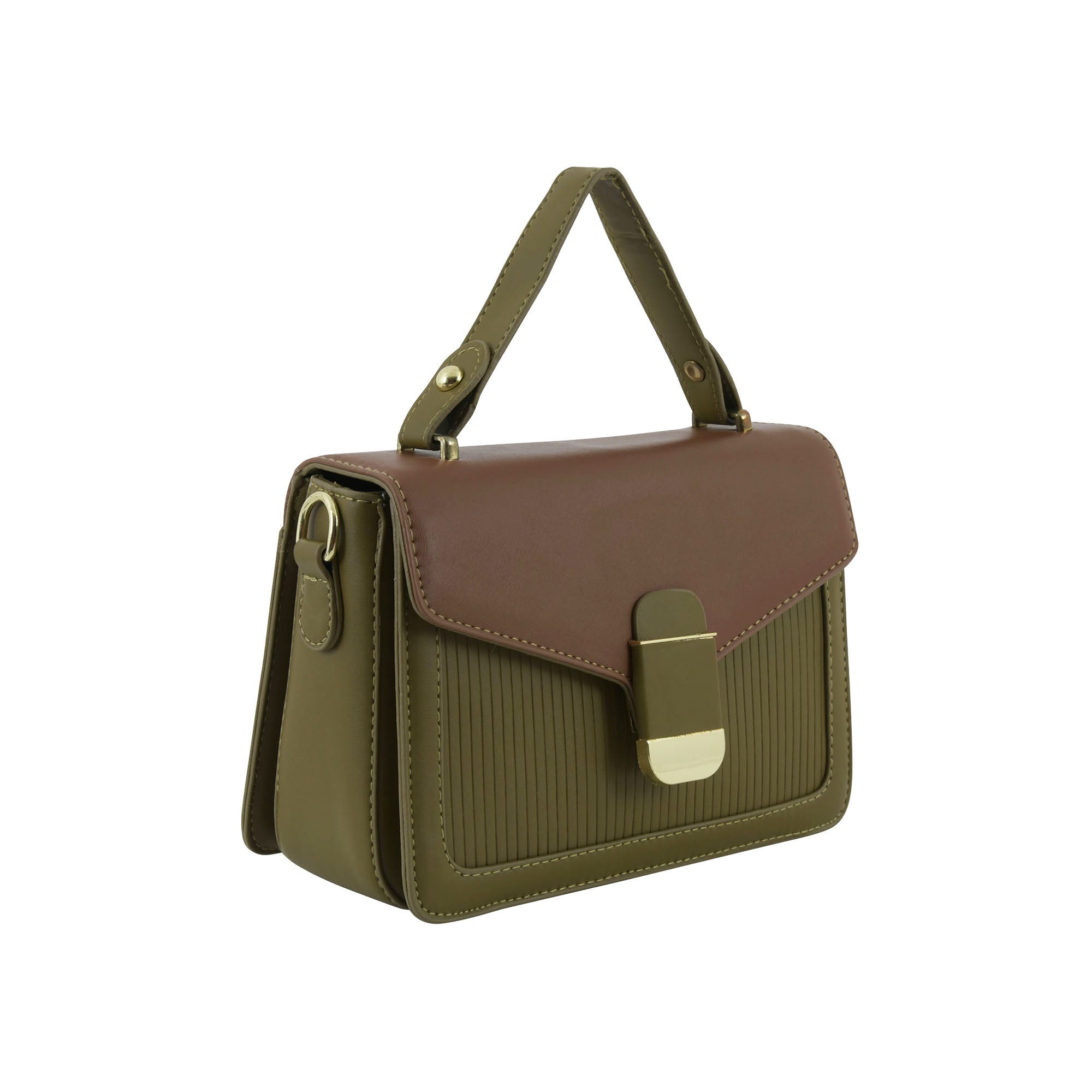 Olive & Brown Structured Top-Handle Sling Bag for Women | Elegant Dual-Tone Handbag