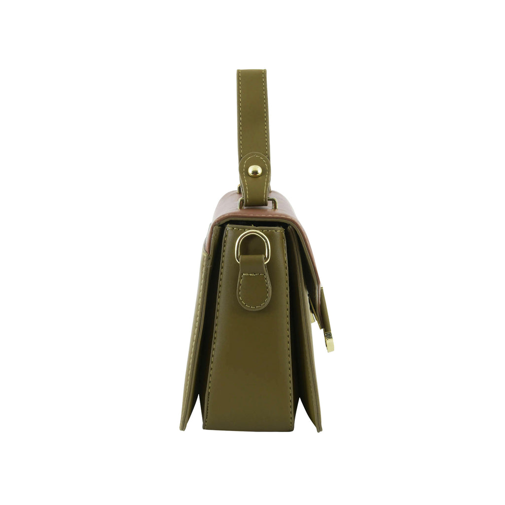 Olive & Brown Structured Top-Handle Sling Bag for Women | Elegant Dual-Tone Handbag