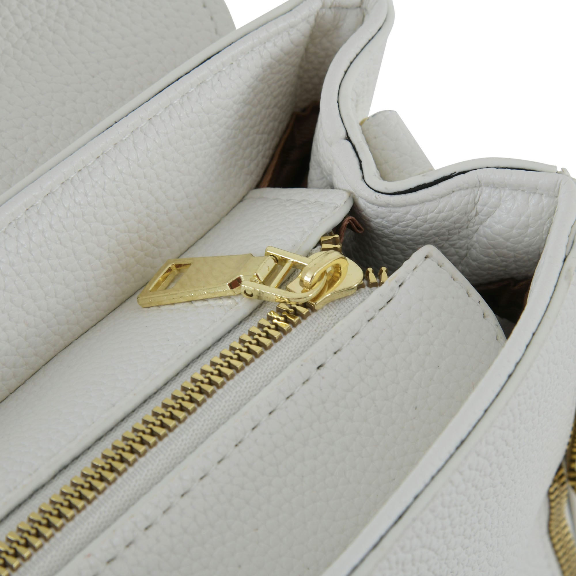 Ivory Textured Top-Handle Handbag with Gold Hardware