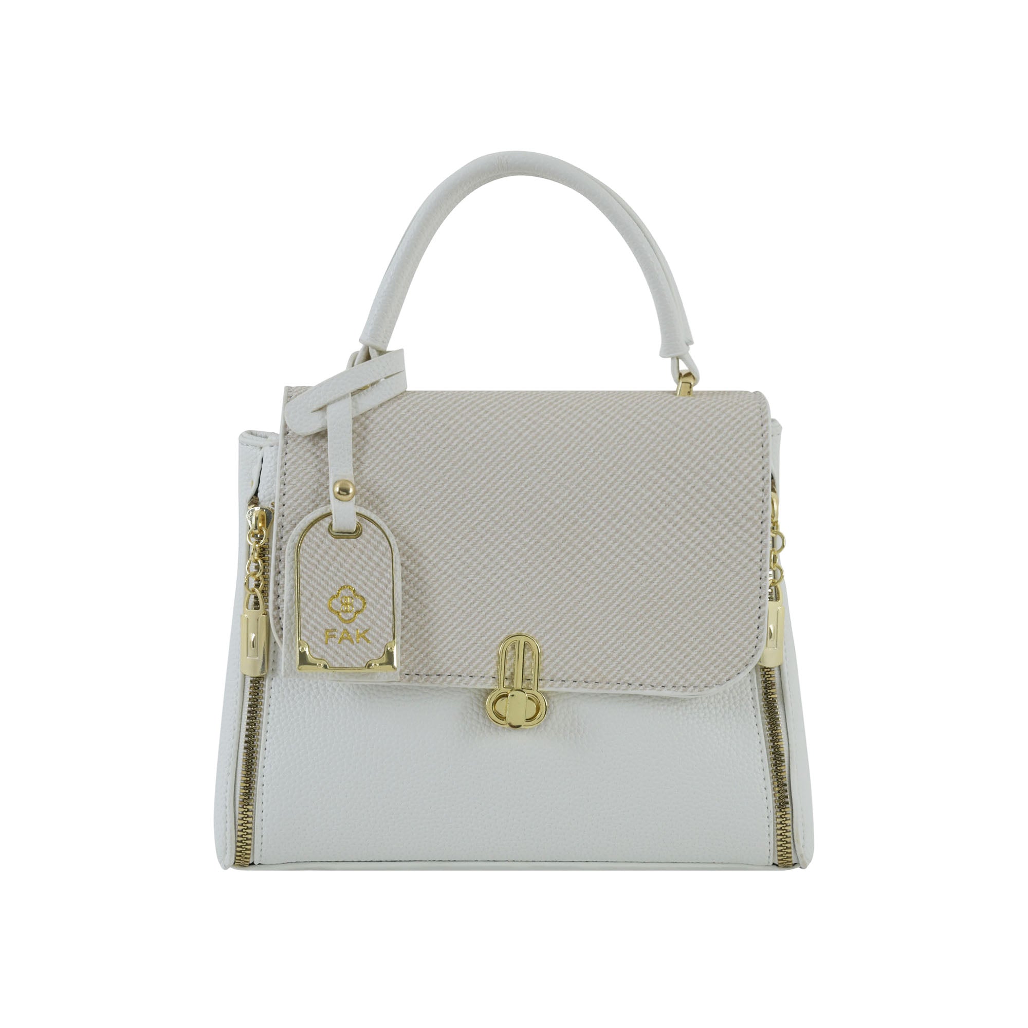 Ivory Textured Top-Handle Handbag with Gold Hardware