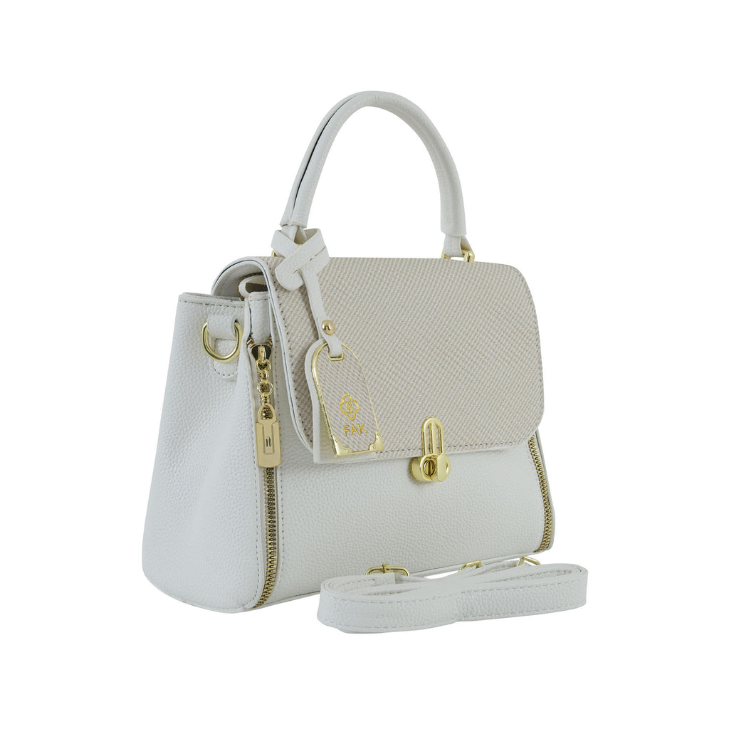 Ivory Textured Top-Handle Handbag with Gold Hardware