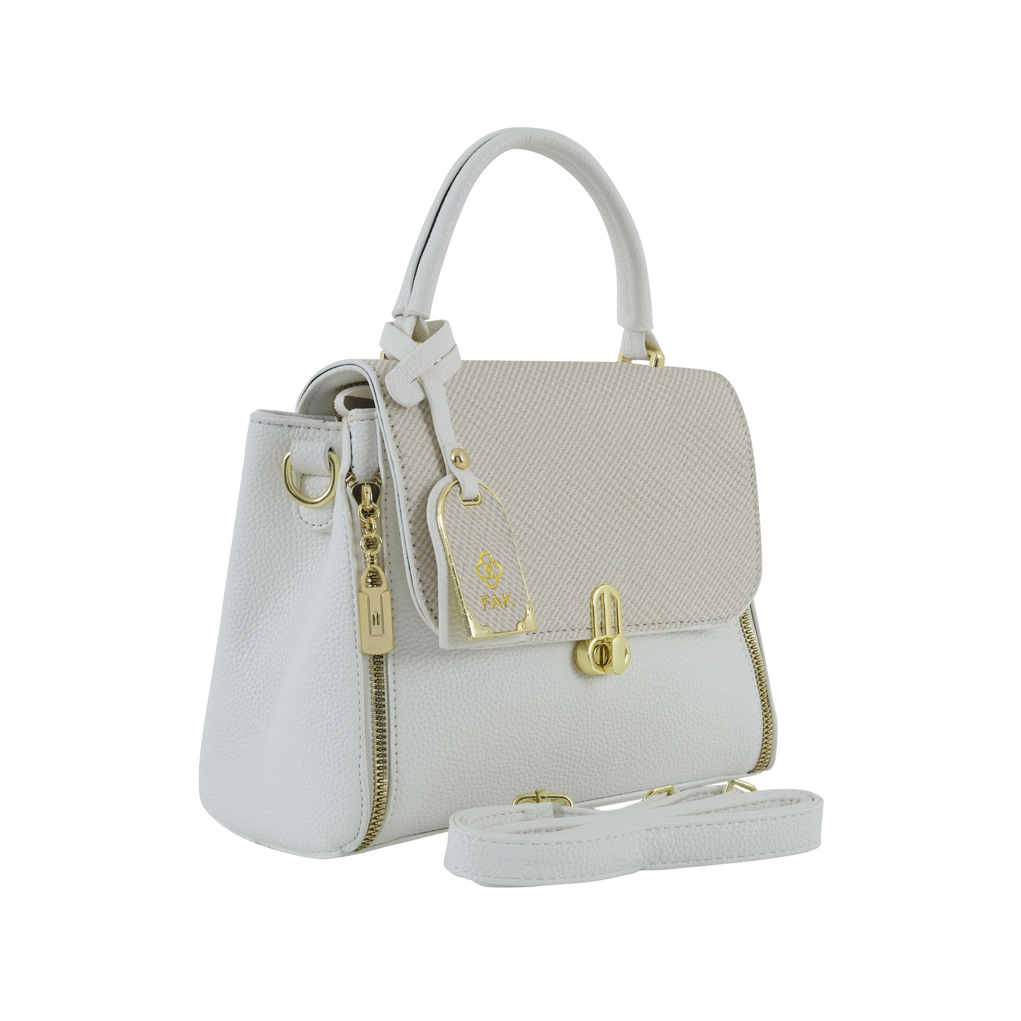 Ivory Textured Top-Handle Handbag with Gold Hardware