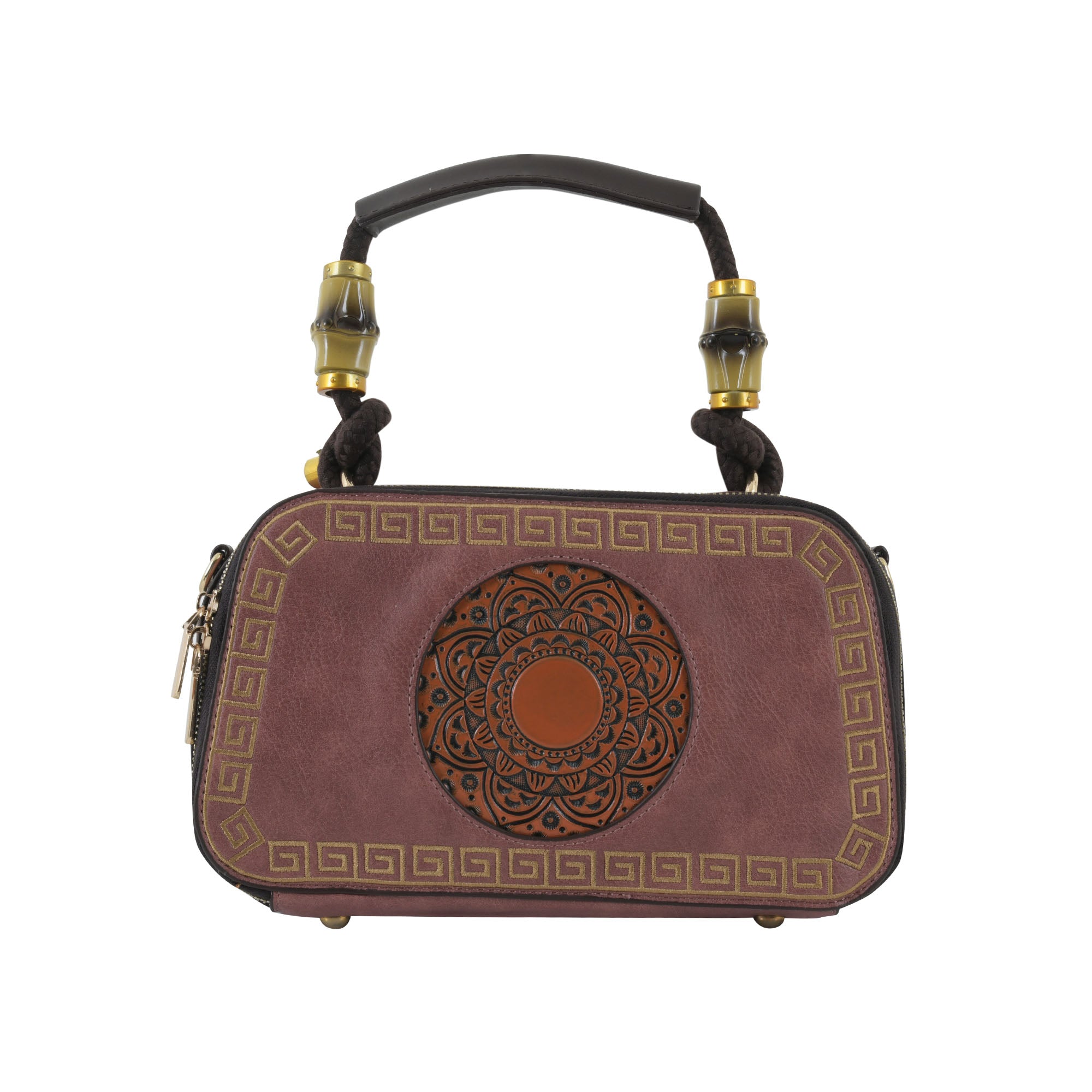 Dusty Rose Artisanal Top-Handle Bag with Mandala Design