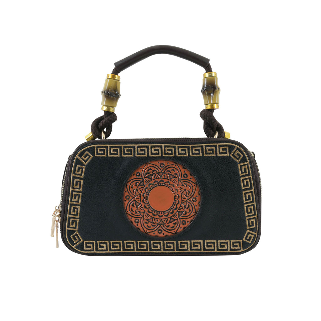 Brown Artisanal Top-Handle Bag with Mandala Detail