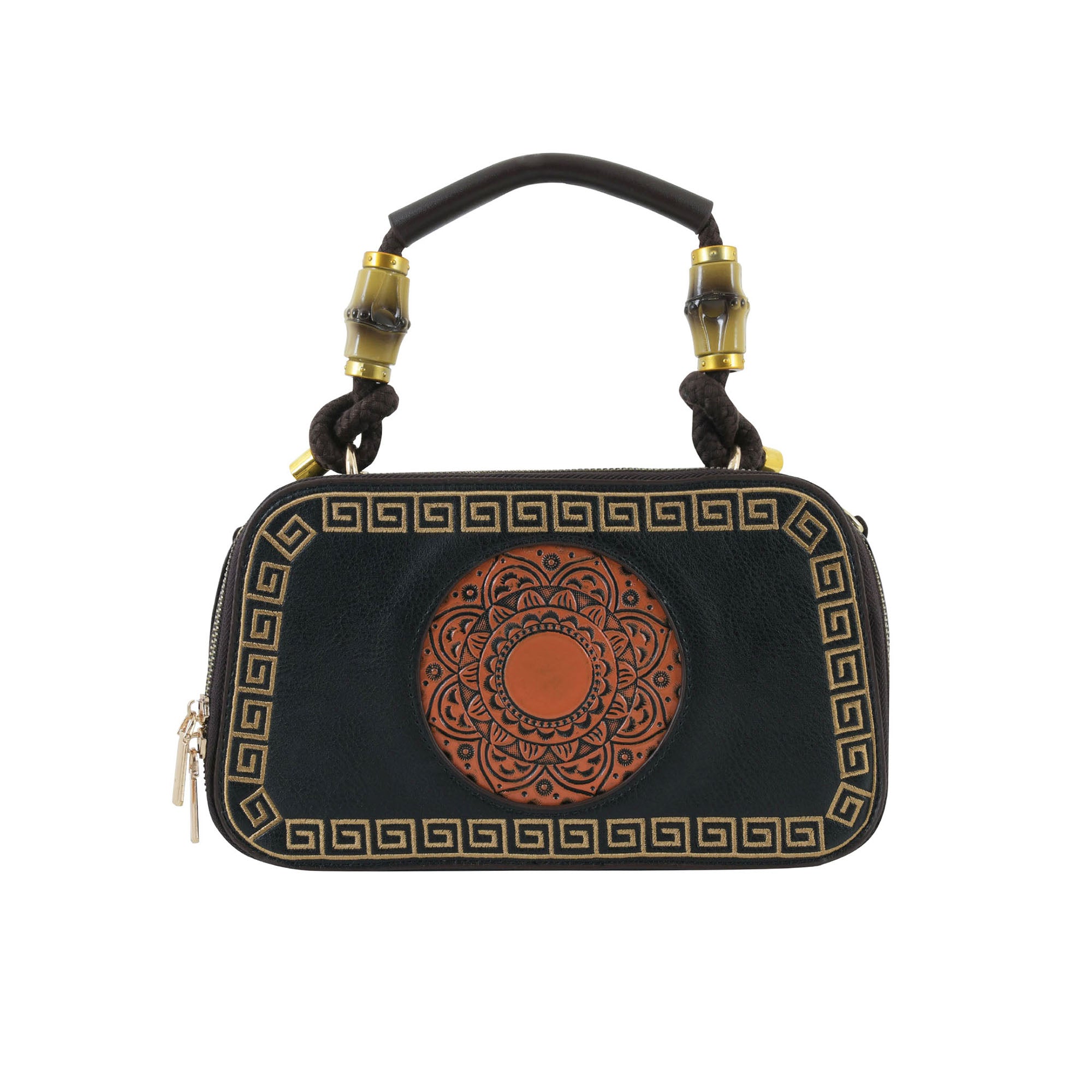 Brown Artisanal Top-Handle Bag with Mandala Detail