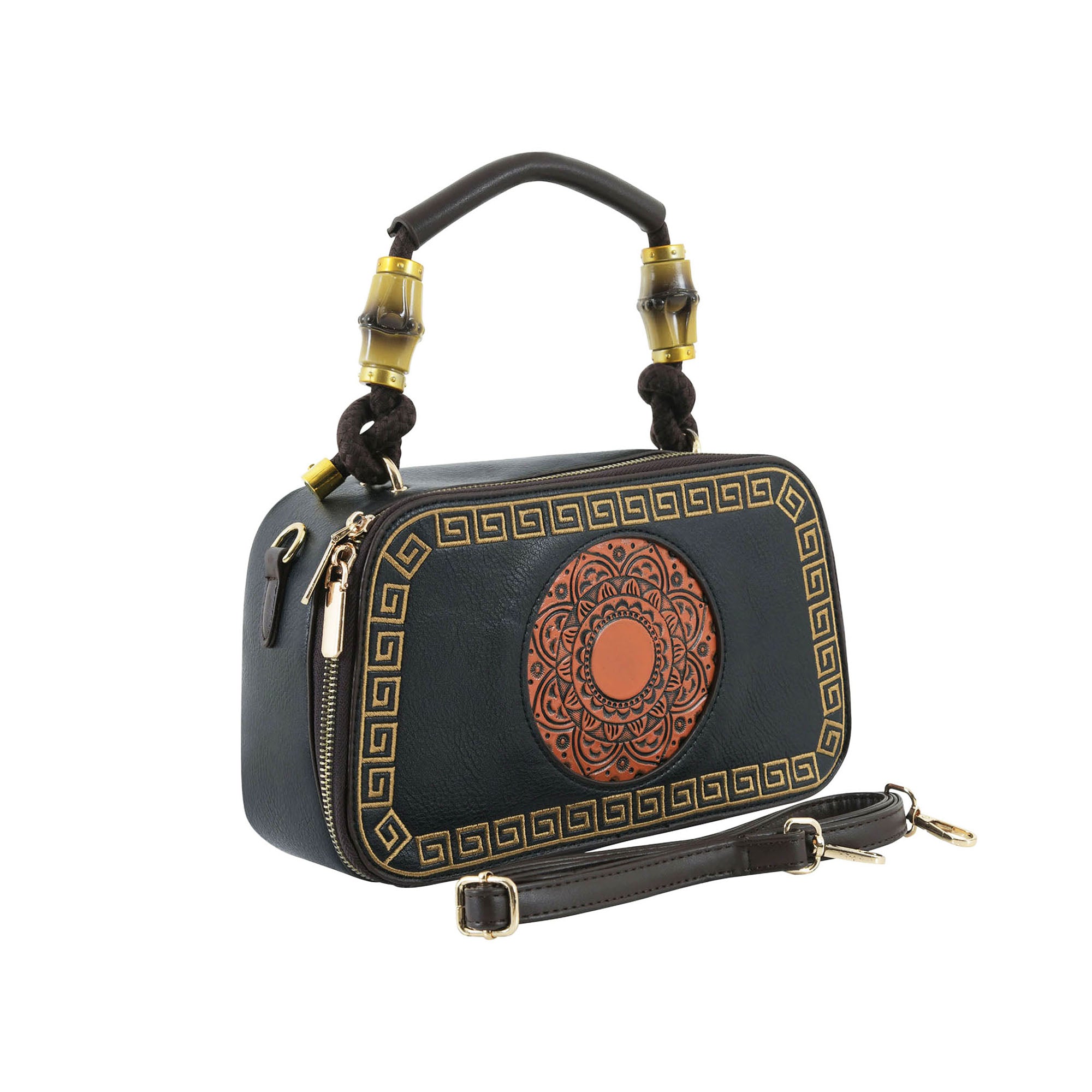 Brown Artisanal Top-Handle Bag with Mandala Detail