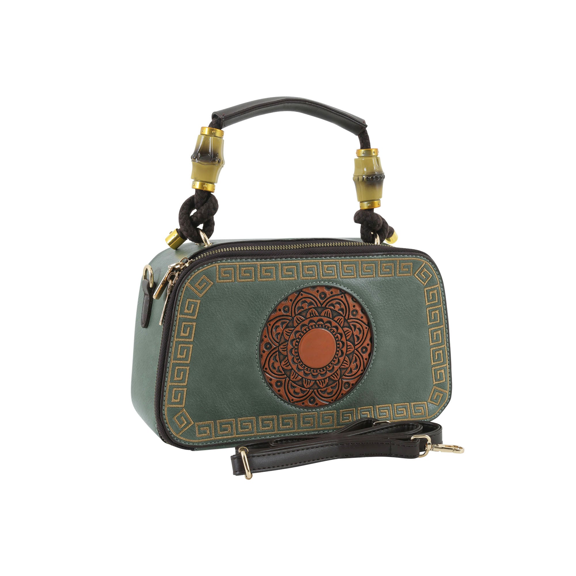 Emerald Green Artisanal Top-Handle Bag with Mandala Design