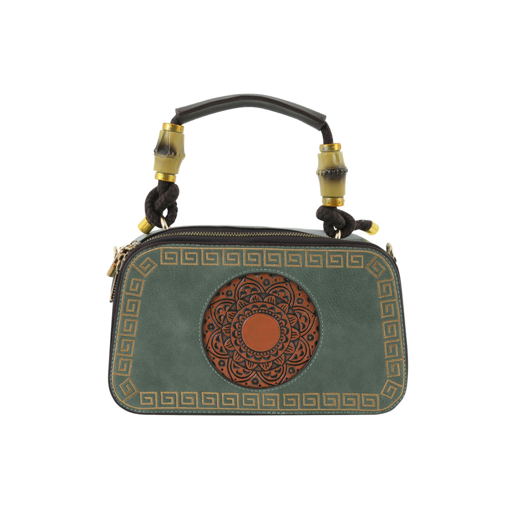 Emerald Green Artisanal Top-Handle Bag with Mandala Design