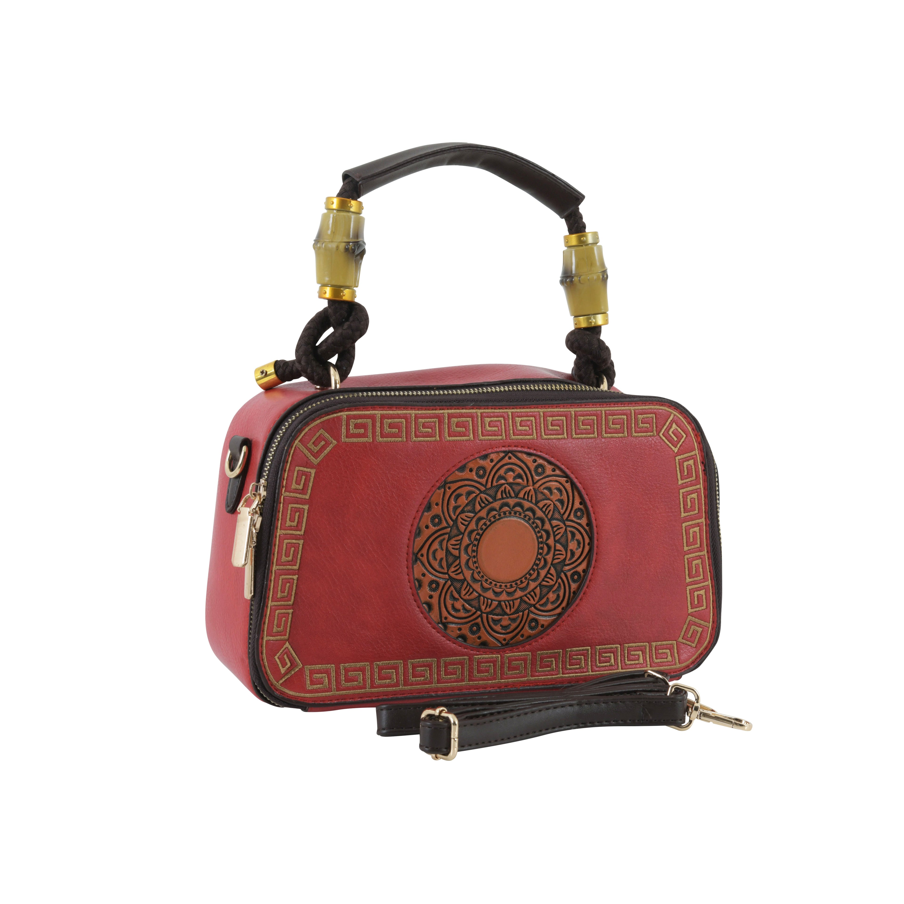 Crimson Red Artisanal Top-Handle Bag with Mandala Design