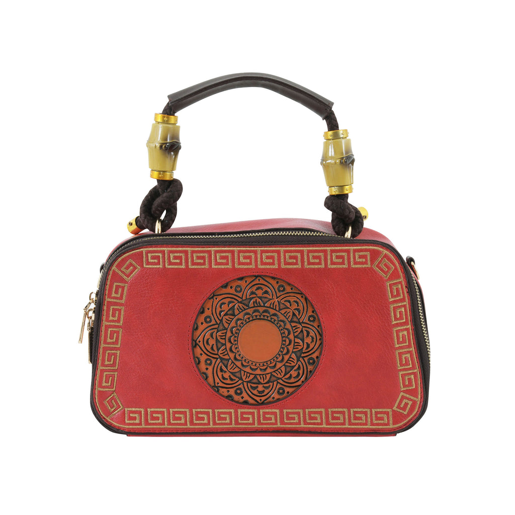 Crimson Red Artisanal Top-Handle Bag with Mandala Design
