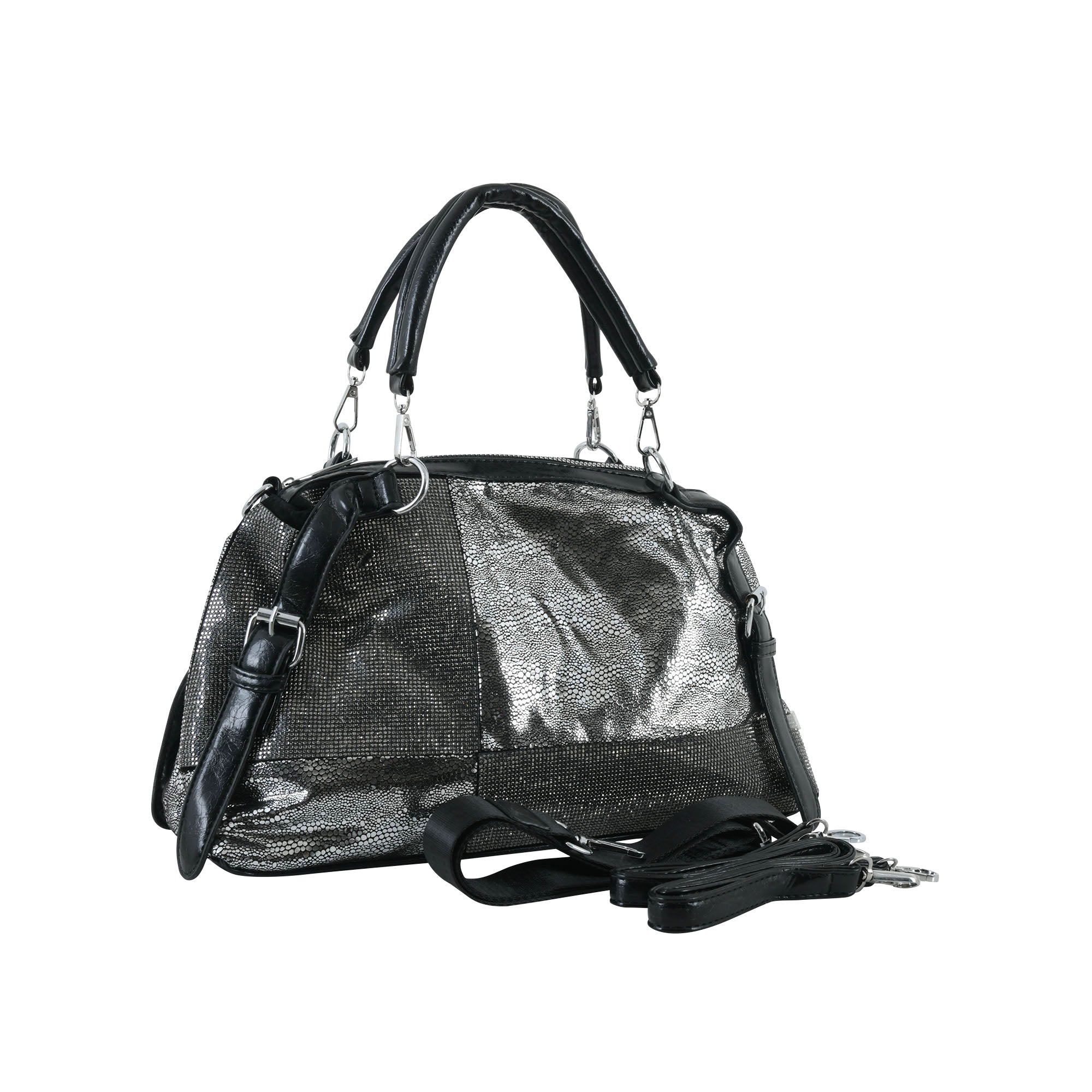 Metallic Black Textured Shoulder Handbag