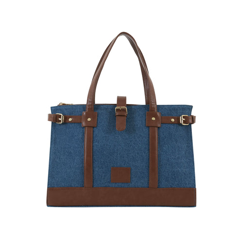 Blue and tan denim luxury tote bag with brown leather straps and buckles
