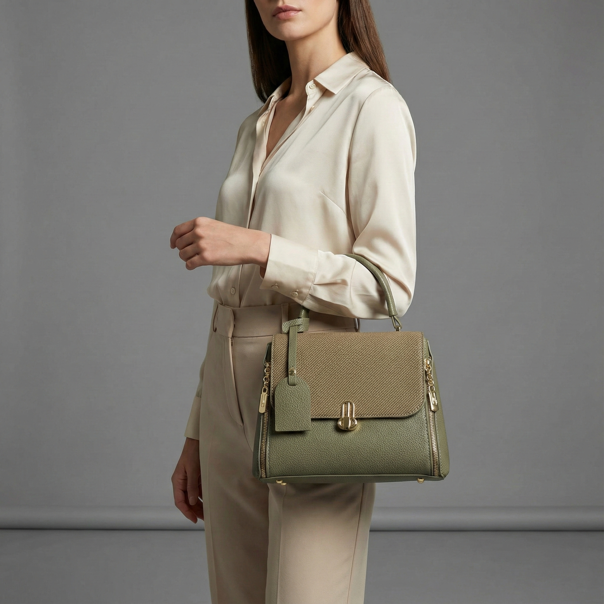 Olive Green Structured Top-Handle Handbag with Gold Hardware