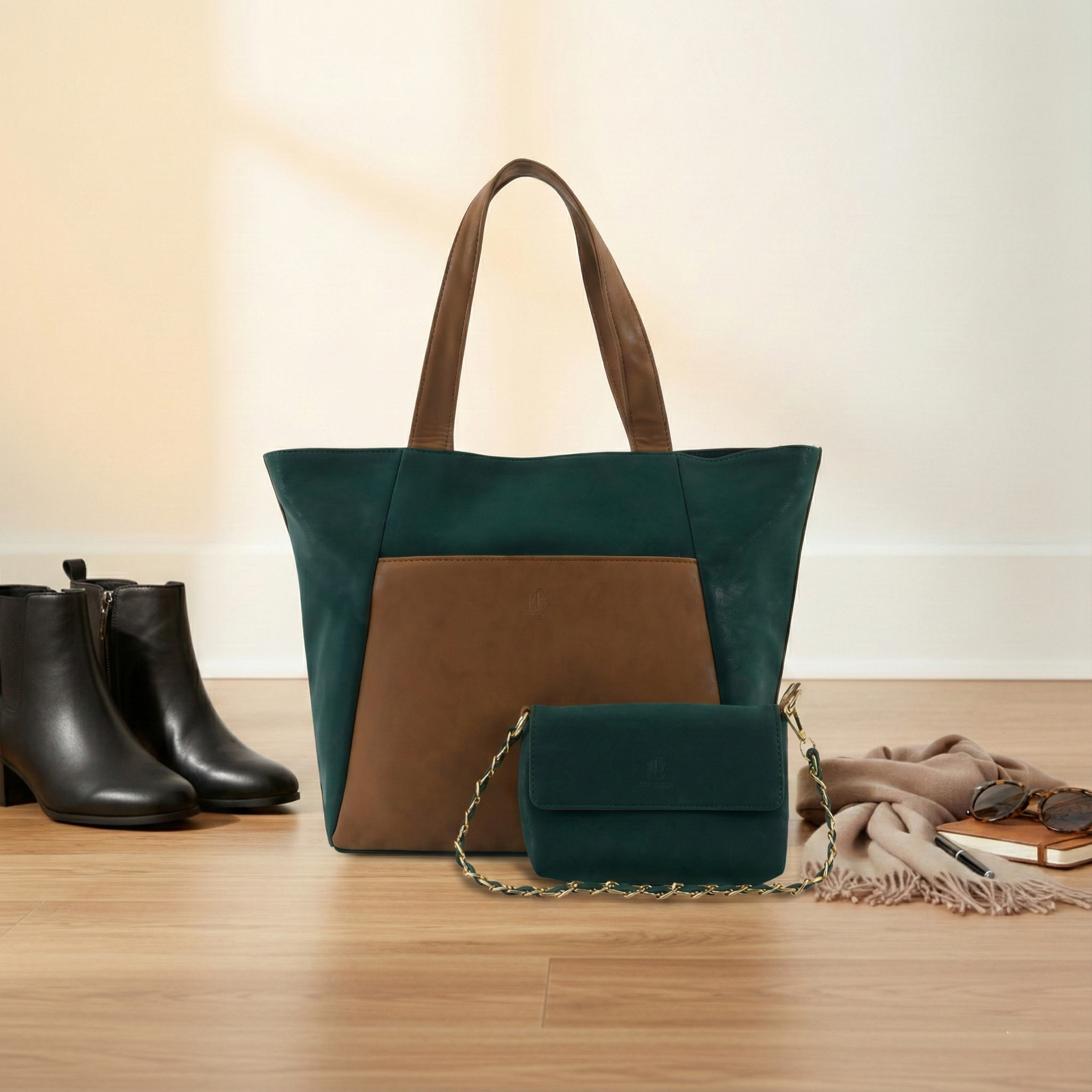 Dual Luxury Tote - Dark green and Tan