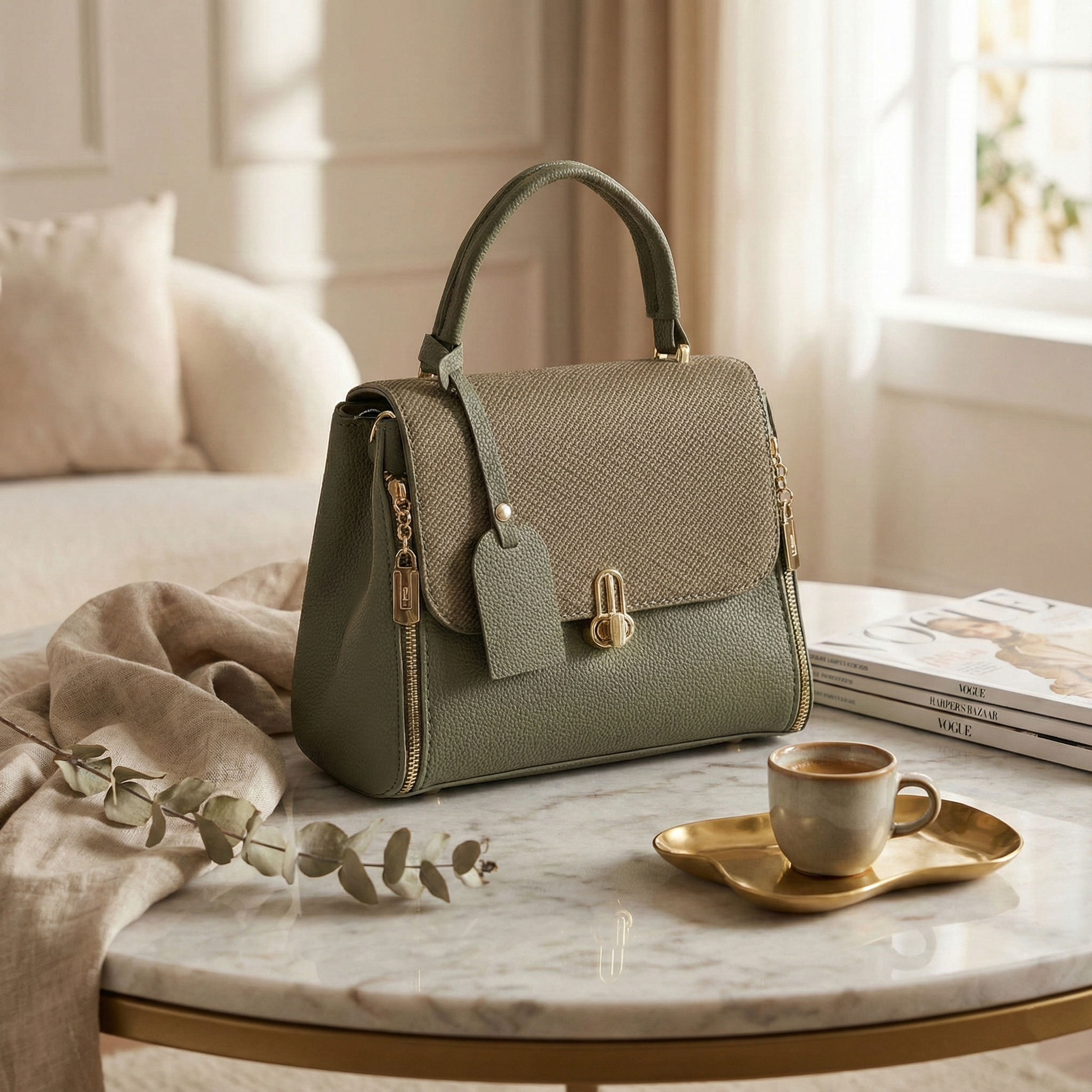 Olive Green Structured Top-Handle Handbag with Gold Hardware