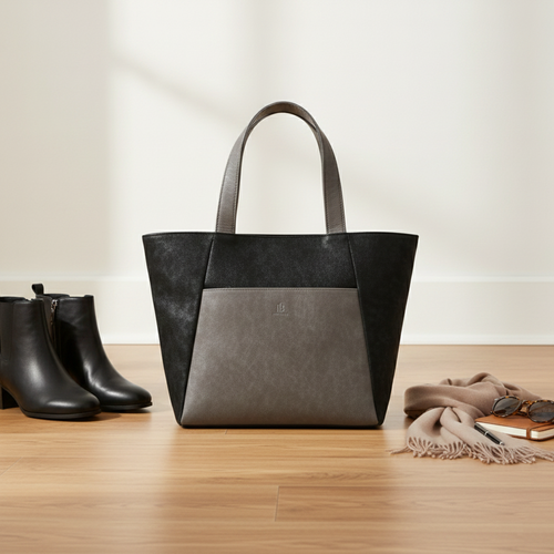 Two-tone tote bag on a wooden surface, with top handles and slate gray front panel.